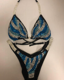 Figure Physique competition suit Black with Blue multi colored crystal rhinestones