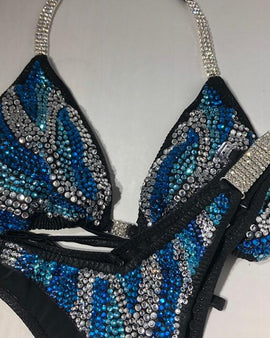 Figure Physique competition suit Black with Blue multi colored crystal rhinestones
