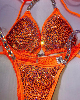 Neon Orange Bikini Brilliant stone work clustered in oranges and Aurora Crystal rhinestone Bikini