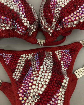 Red Dawn Bikini Competition suit Crystal layers with colored stones