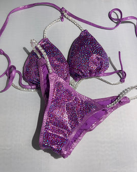 Light Lavendar lilac Purple Bikini Competition Suit Stunning Crystal Rhinestone Back Piece