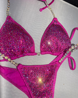 RY1 HOT pink bikini competition suit Micro bikini cup Posing bikini suit Rhinestone clustered