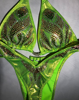 AP08-A Chartruce neon  Green Posing Suit Covered in Rhinestones Figure competition or Physique competition IFBB NPC suit regulation