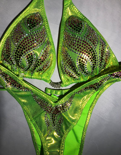 AP08-A Chartruce neon  Green Posing Suit Covered in Rhinestones Figure competition or Physique competition IFBB NPC suit regulation