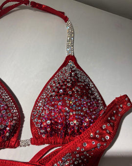 Red Physique Posing Suit Figure competition Bikini  Stunning Crystal and colored stones