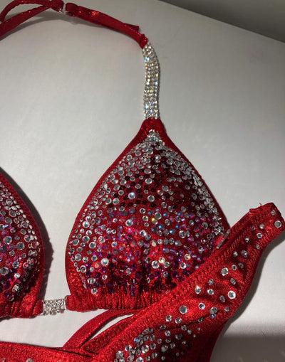 Red Physique Posing Suit Figure competition Bikini  Stunning Crystal and colored stones