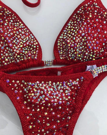 Red bikini competition suit Beaded Rhinestone stunning AB and red crystals