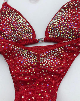 Red bikini competition suit Beaded Rhinestone stunning AB and red crystals