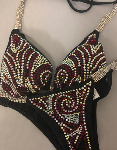 Brilliant red and AB crystal stones On Black Competition Bikini suit