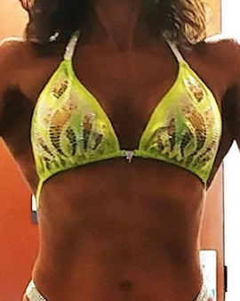 Figure competition suit Physique competition bikini Chartreuse Yellow Green Flame rhinestone design