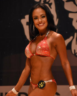 Competition bikini in Orange crush with Stunning Crystal rhinestones and crystal braided side connec