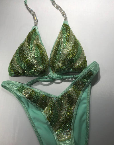 Mint to be Different Mint Green Figure competition Bikini Physique Suit Crystal layered greens