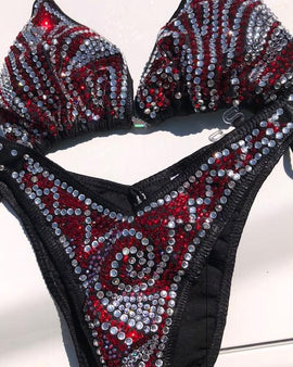 Figure Bikini suit Stunning Red and Black Rhinestone Physique Figure Suit Proven WINNER! CH4