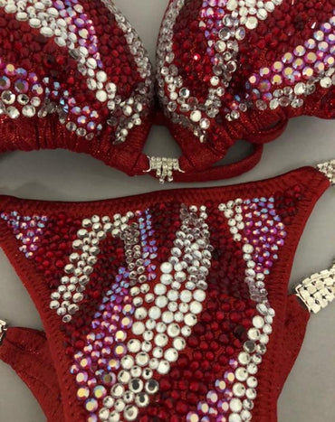 Red Dawn Bikini Competition suit Crystal layers with colored stones