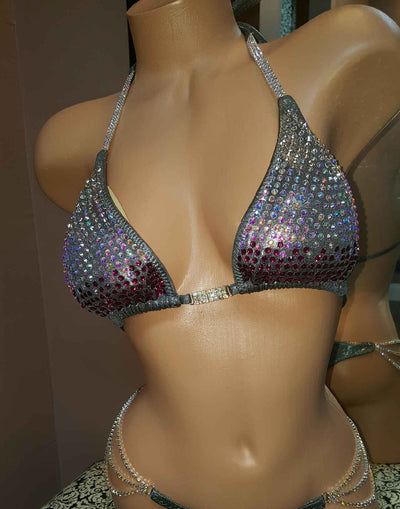 BVCA1005 Gun Metal Grey and Pink Ombre Competition Bikini suit Stunning Crystal colored stones