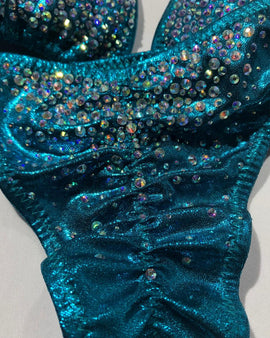 Competition Bikini Teal Green color with stunning AB rhinestones and twisted connectors